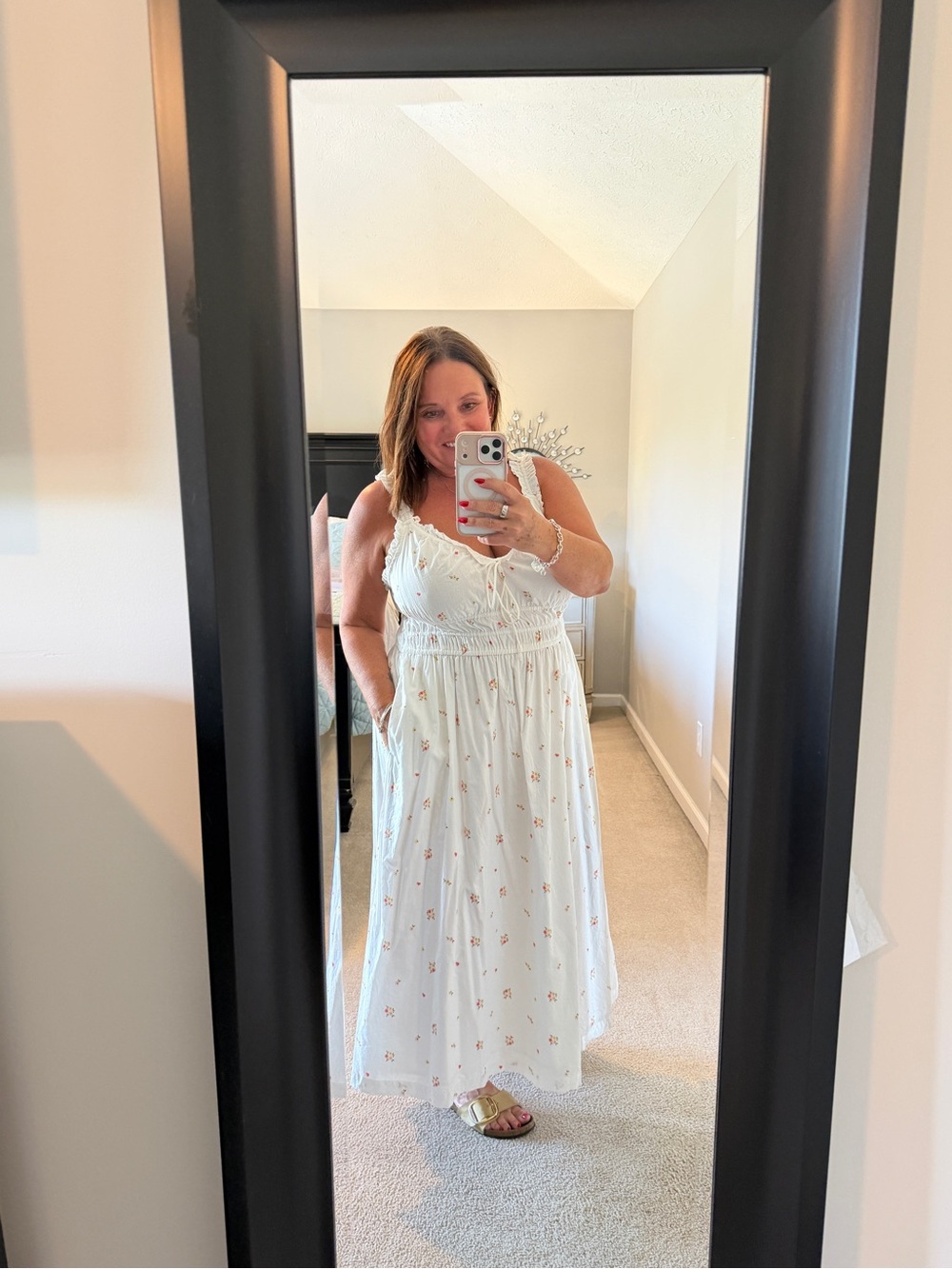 Old Navy White Maxi Dress with Small Pink Floral Motif